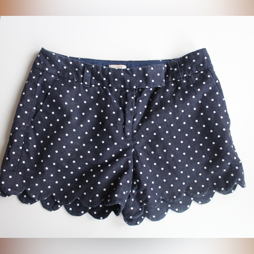 J.Crew Women's 4" Scalloped Shorts Navy Size 0 Polka DotCotton/Linen Style E9685